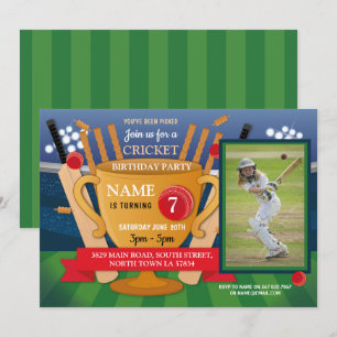 Cricket Birthday Photo Party Girl Boy Sports Theme Inbjudningar