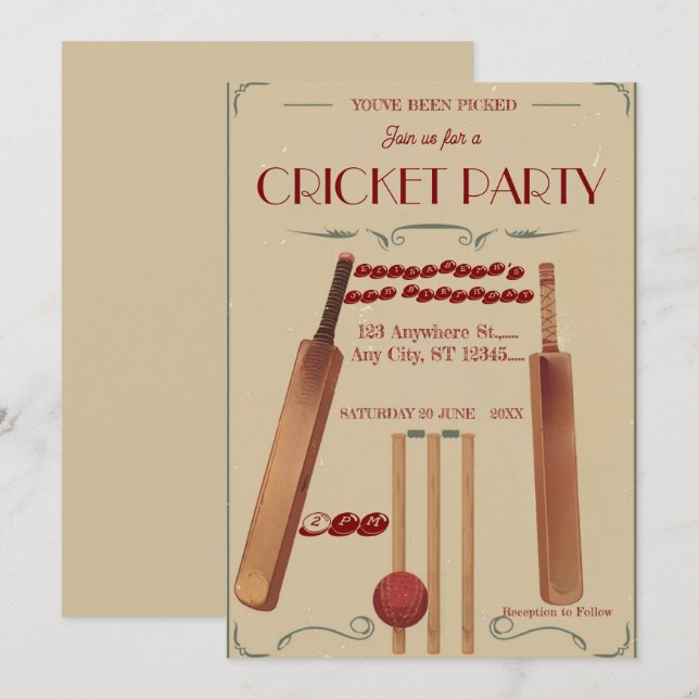 Cricket Födelsedagsfest Sport Inbjudan (Fram/baksida)