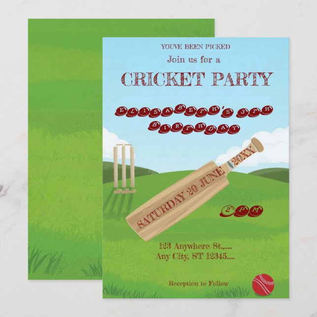 Cricket Födelsedagsfest Sport Inbjudan (Fram/baksida)