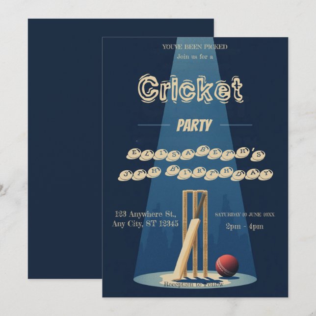 Cricket Födelsedagsfest Sport Inbjudan (Fram/baksida)