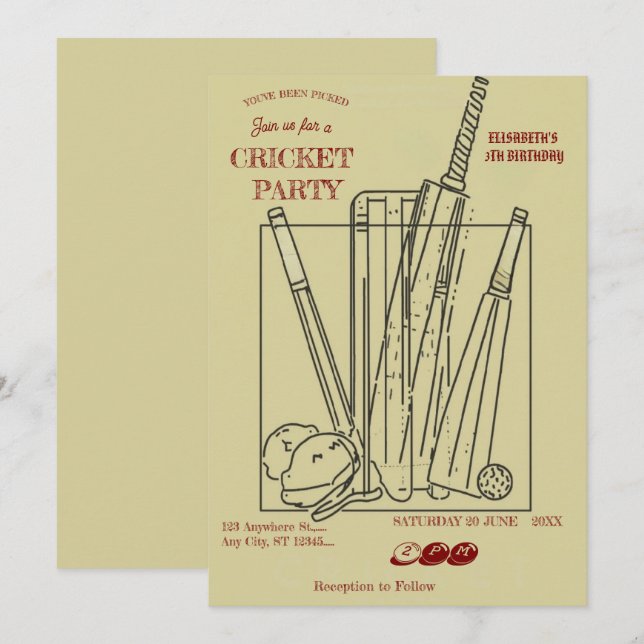 Cricket Födelsedagsfest Sport Inbjudan (Fram/baksida)