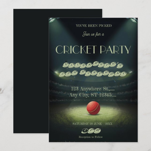 Cricket Födelsedagsfest Sport Inbjudan (Fram/baksida)