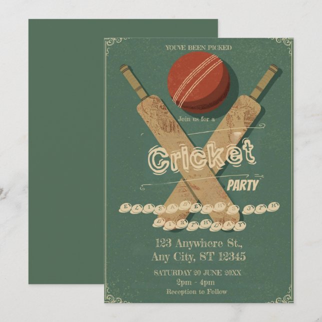 Cricket Födelsedagsfest Sport Inbjudan (Fram/baksida)