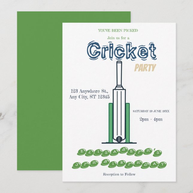 Cricket Födelsedagsfest Sport Inbjudan (Fram/baksida)