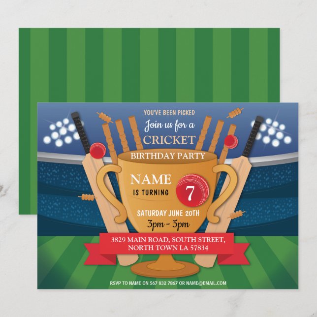 Cricket Födelsedagsfest Sports Winner Kopp Inbjuda Inbjudningar (Fram/baksida)