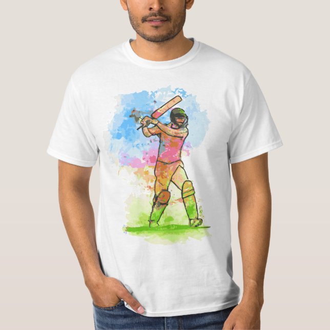 Cricket Player Vatten Färg Snyggt T-Shirt Design (Framsida)