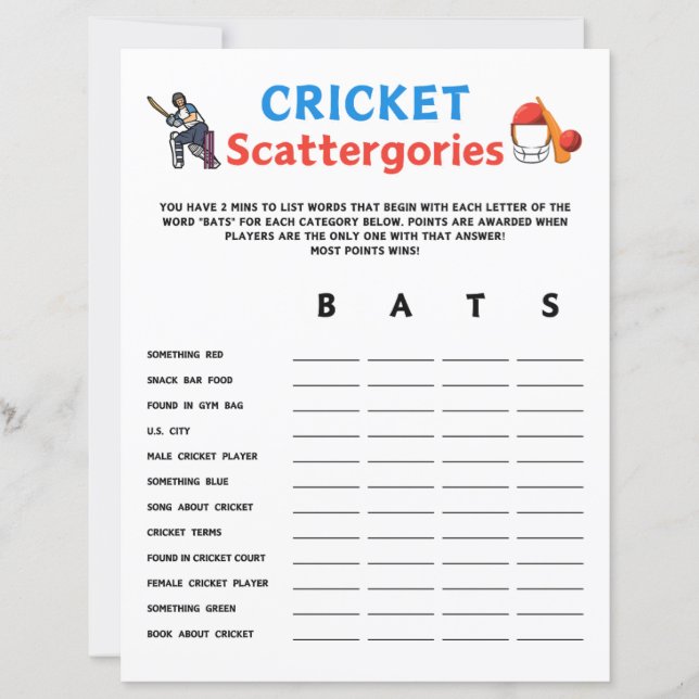 Cricket Scattergories-spel (Framsida)