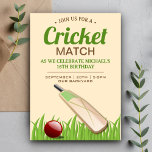 Cricket Sport Födelsedagsfest inbjudan<br><div class="desc">Inbjudan med er gäst med denna inbjudan till elegant födelsedagsfest med en cricket fladdermus och boll på en gräsmatta med modern typografi mot en beige bakgrund. Lägg bara till din händelseinformation i den här mallen som är enkel att använda för att göra den till en inbjudan av typen en. Vänd...</div>