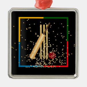 Cricket, wicket, fladdermus och boll. julgransprydnad metall