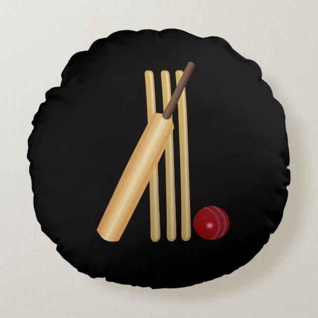 Cricket - Wicket, Fladdermus och Boll Rund Kudde (Framsidan)