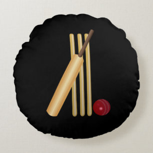 Cricket - Wicket, Fladdermus och Boll, svart bakgr Rund Kudde