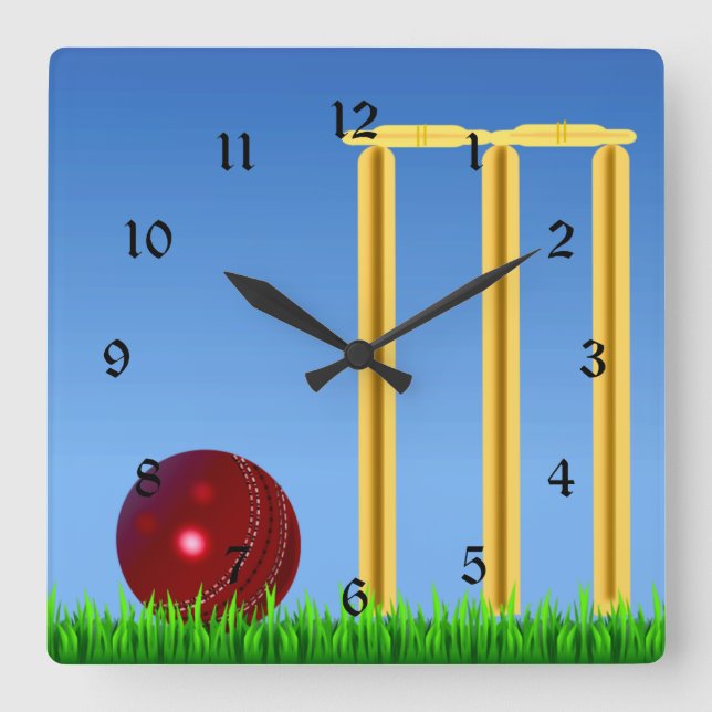 Cricket, wicket och boll fyrkantig klocka (Framsida)