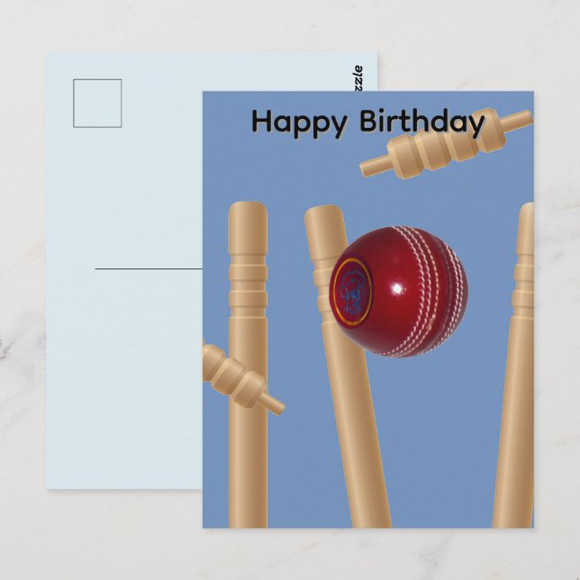 Cricketboll och stolpar, födelsdagskort vykort (Fram/baksida)
