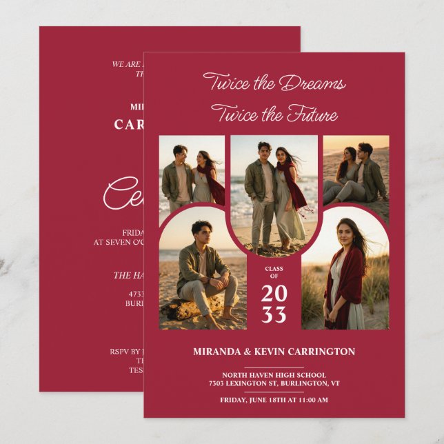 Crimson Arched Collage Double Grads Twin TMF26 Inbjudningar (Fram/baksida)