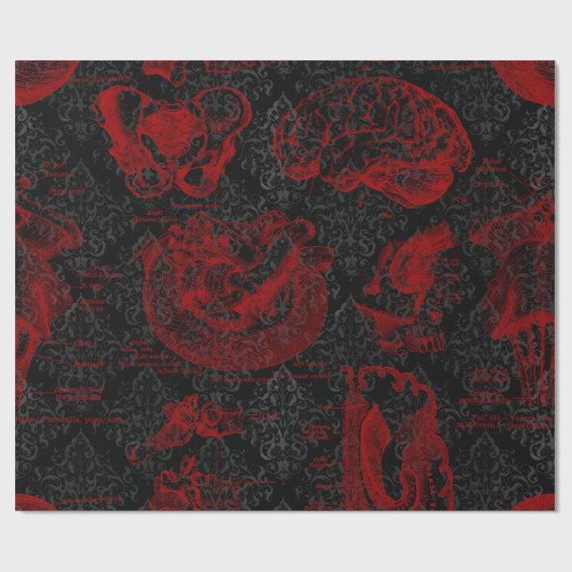 Crimson & Black Damask mönstrad Vampyre Anatomy Presentpapper (Platt)
