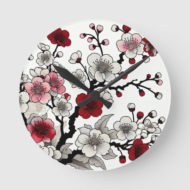 Crimson Blommar Elegance - japansk-inspirerad Flor Rund Klocka (Framsida)