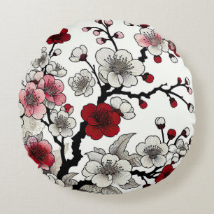 Crimson Blommar Elegance - japansk-inspirerad Flor Rund Kudde