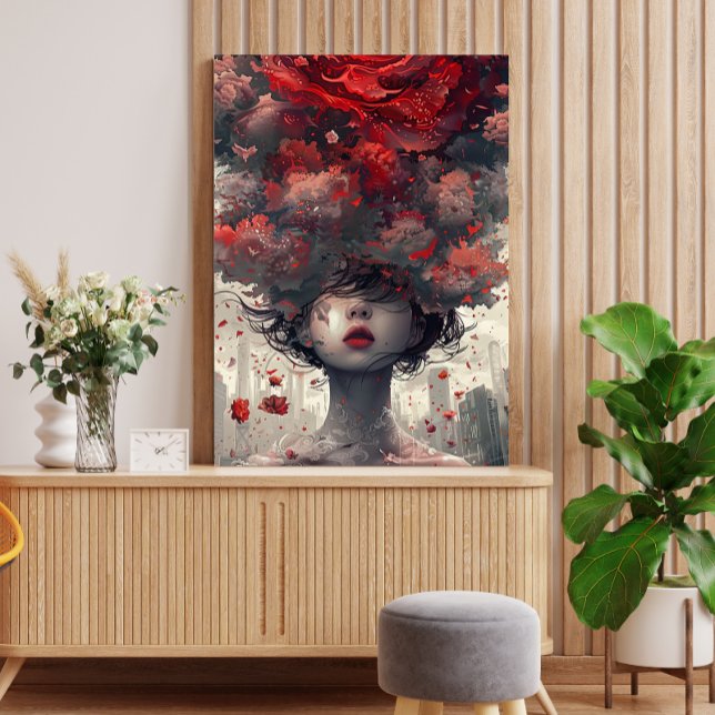 Crimson Blommar Surreal Art Poster Canvastryck (Crimson Blossom Surreal Art Poster displayed in a modern setting)