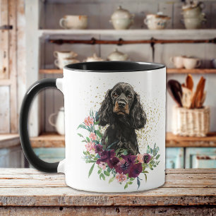 Crimson Blommigt Bouquet Black Tan Cocker Spain Mugg