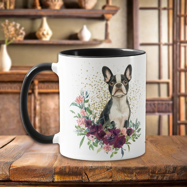 Crimson Blommigt Bouquet Boston Terrier Hund Mugg (Skapare uppladdad)