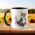 Crimson Blommigt Bouquet Cardigan Welsh Corgi Hund Mugg<br><div class="desc">En vacker vattenfärg porträtt av en tricolor Cardigan Welsh Corgi hund kommer från en krimson röd och rosa buquet på denna mugg. Bakom bilden av hund ligger en spray av guld konetti. Bilden visas på två sidor av mugg, med ditt namn i svart mellan dem. Om du vill kan du...</div>