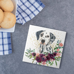 Crimson Blommigt Bouquet Dalmatian Hund Kakelplatta