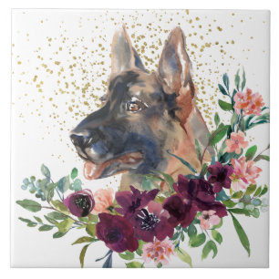Crimson Blommigt Bouquet German Shepherd Hund Kakelplatta