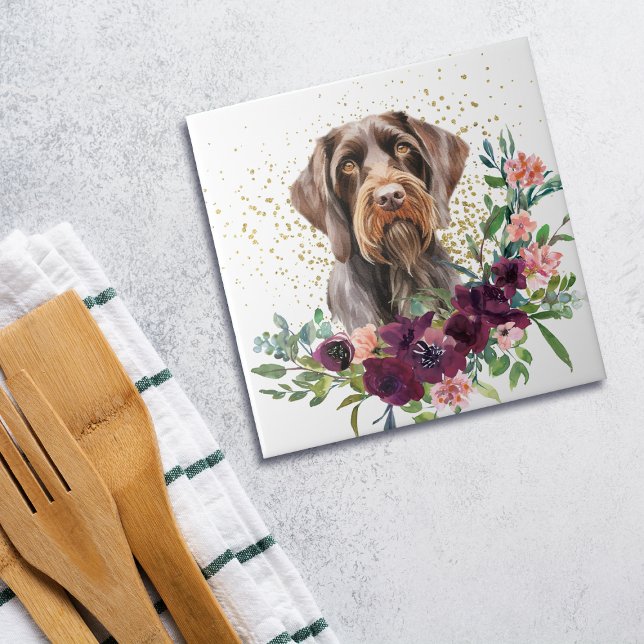 Crimson Blommigt Bouquet German Wirehsted Pointer Kakelplatta (Skapare uppladdad)