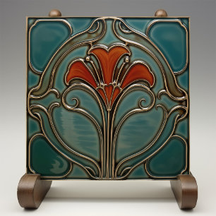 Crimson Bloom Art nouveau Kakelplatta