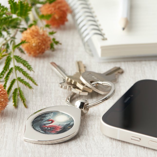 Crimson Cathedral Swan. Swirl Silverfärgad Nyckelring (Sidan)