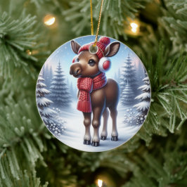 Crimson Cozy: Reindeer in Snowfall Julgransprydnad Keramik