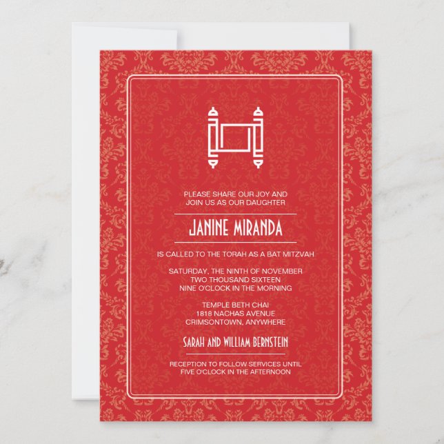 Crimson Damask Torah Bat mitzvah Inbjudningar (Framsida)