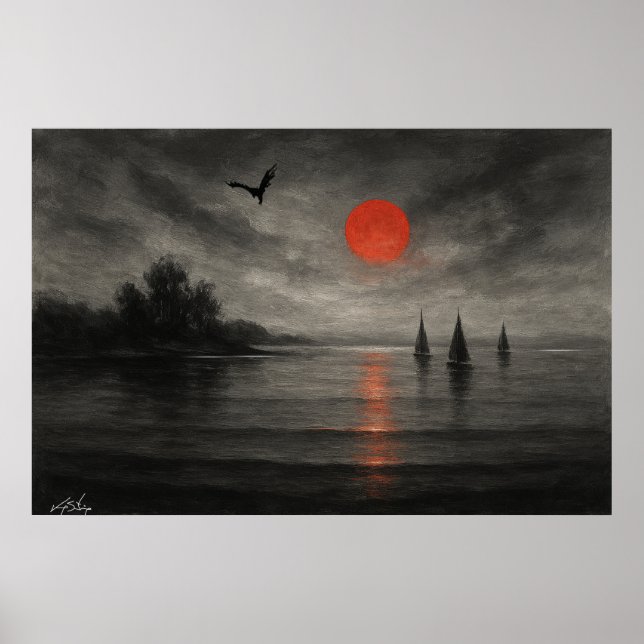 Crimson Descent - Sailboats Beneath the Dragon Sky Poster (Framsidan)