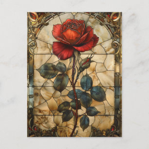 "Crimson Elegance" Röd ros, lagat glas Vykort