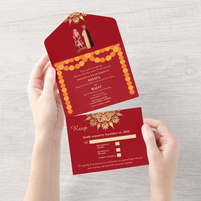 Crimson Elegans Modern Röd & Guld Indisk Bröllops- (Avrivbar del)