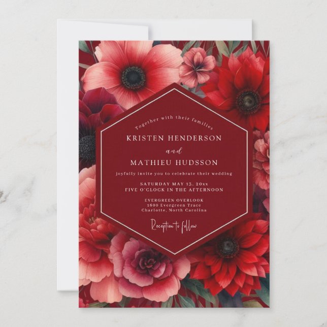 Crimson Floral Romance Wedding Inbjudningar (Framsida)