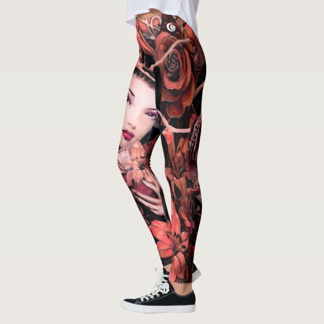 Crimson Geishalotusblommablomma Leggings (Vänster)