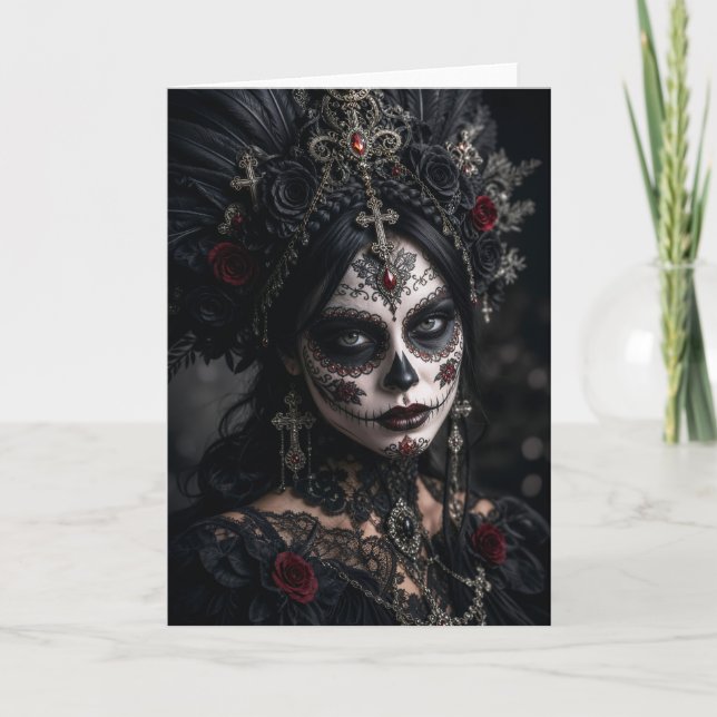 Crimson Gothic Calavera – Svart Ros Kort (Framsida)