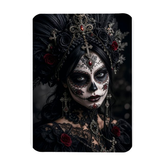 Crimson Gothic Calavera – Svart Ros Magnet (Vertikal)