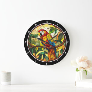Crimson Jungle Time’ - Stached Glass Red Parrot Stor Klocka