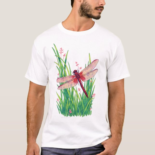 Crimson kärrglidare trollslända grön gräs t shirt (Framsida)