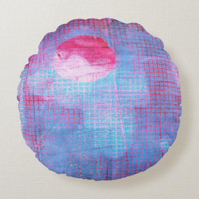 Crimson Klöver Abstrakt Art Circles Grid Rosa Blue Rund Kudde (Framsidan)