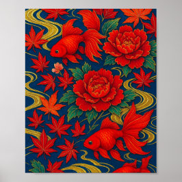 Crimson Koi Dance i Autumn Bloom Poster