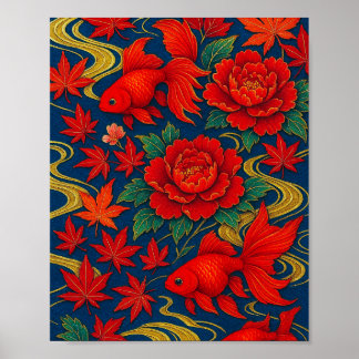 Crimson Koi Dance i Autumn Bloom Poster