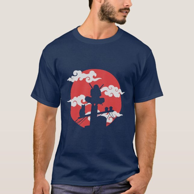Crimson Måne Warrior - Japansk Silhouette Art T Shirt (Framsida)