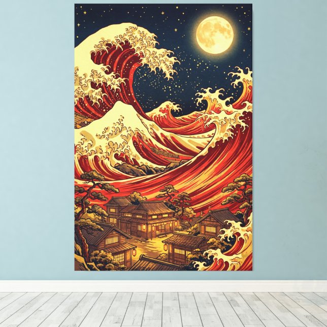 Crimson Moon Over Japanese Coast – Ukiyo-e Style Canvastryck (Insitu (trägolv))
