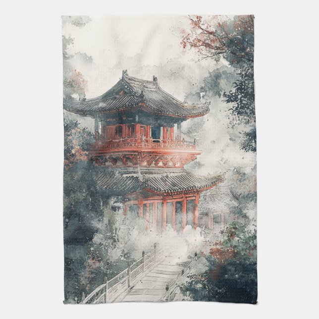 Crimson Mountain Pagoda bläcktvätt (1) Kökshandduk (Vertikal)