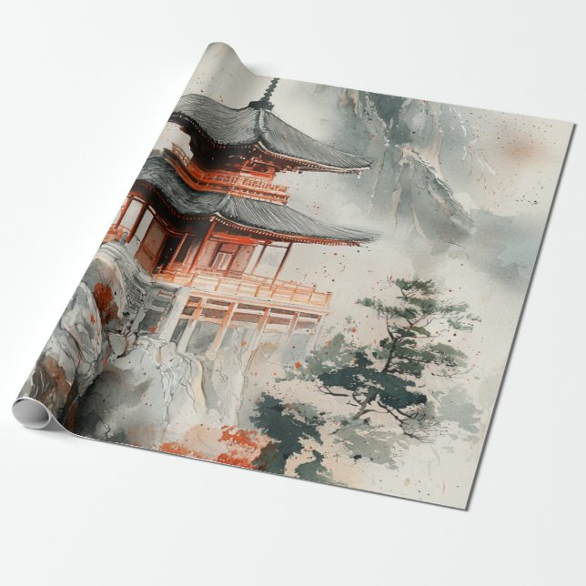 Crimson Mountain Pagoda bläcktvätt (3) Presentpapper (Utrullad)