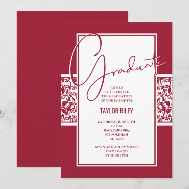 Crimson och White Damask Studenten Inbjudningar (Fram/baksida)