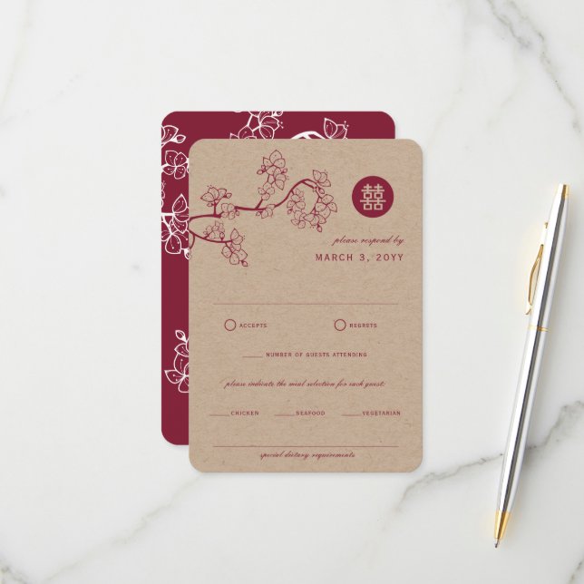 Crimson Peach/Plum Blommars Kraft Chinese Bröllop OSA Kort (Fram/Back In Situ)